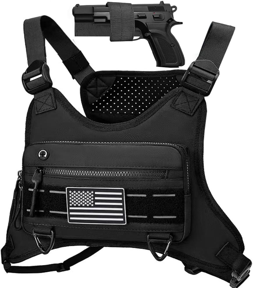 Running Chest Bag Tactical Running Vest with Pistol Holster Versatile Motorcycle Chest Pouch CCW Chest Pack