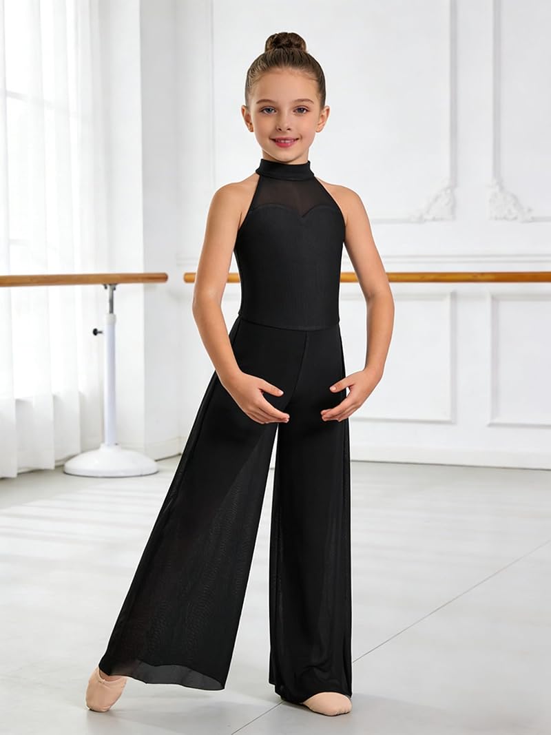 Girls Halter Keyhole Back Leotard Jumpsuit – Lyrical Dance Costume, Black 11-12 Years