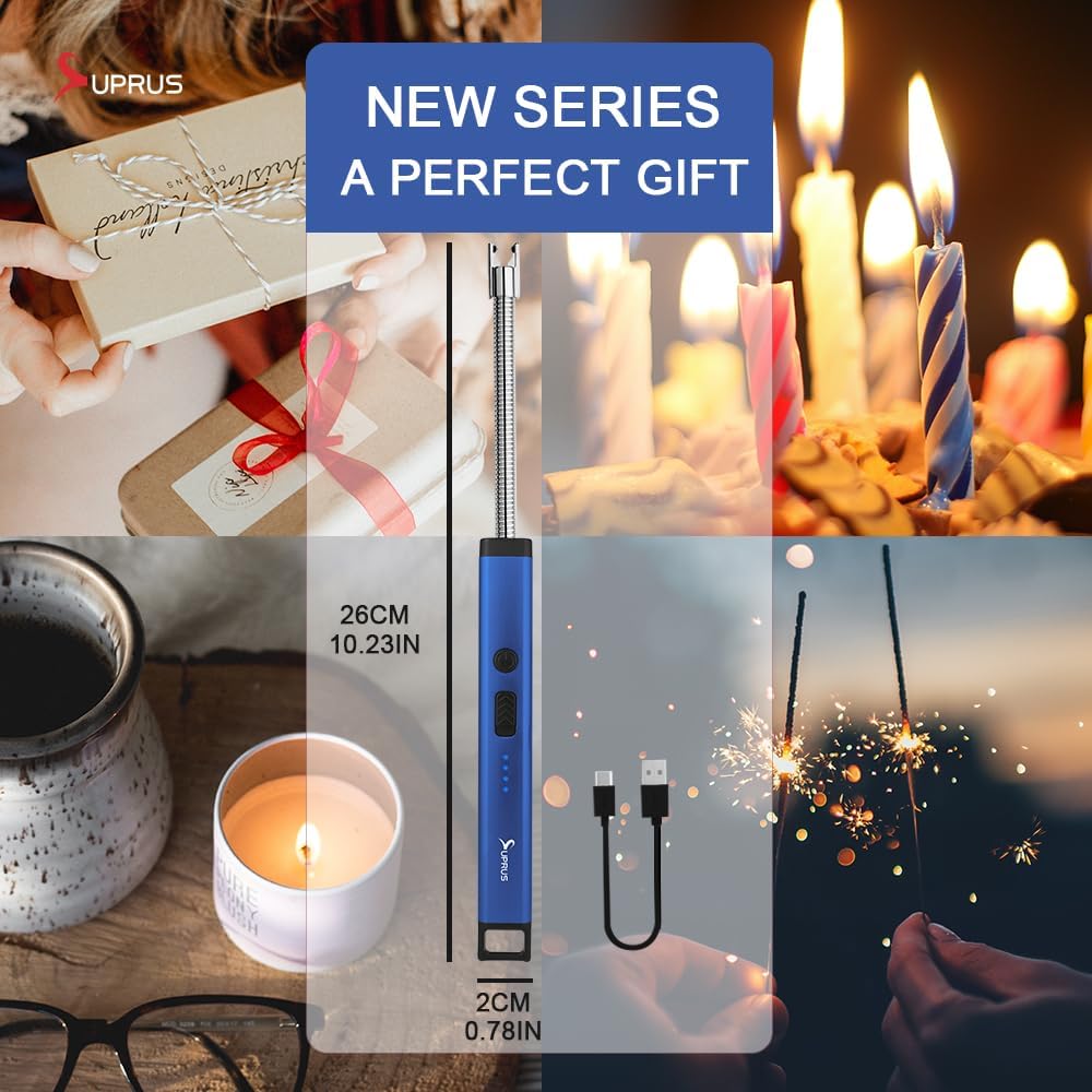 SUPRUS Rechargeable Candle Lighter - Electric Arc with Triple Safety & Stainless Steel Shell | Blue