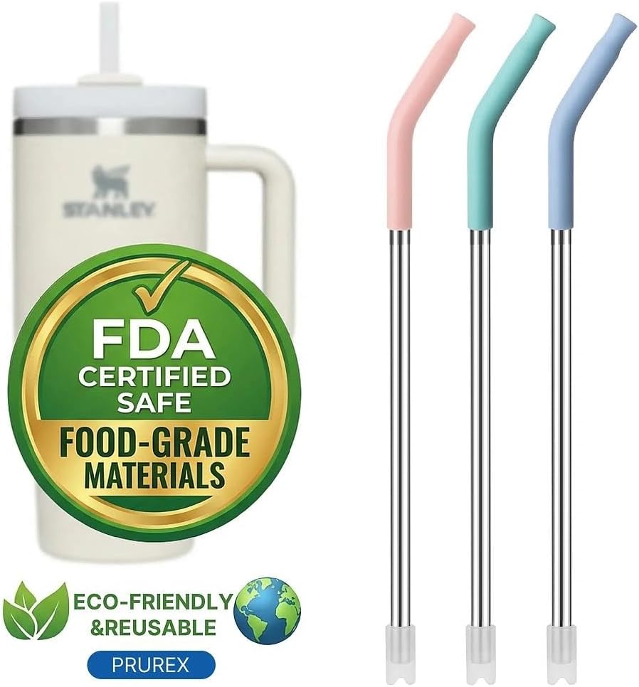 Skiennix Straight Metal Straws - 3 Pack Reusable Stainless Steel Drinking Straws with Silicone Tips | Fits 40 Oz Stanley Tumbler, BPA Free (Black)