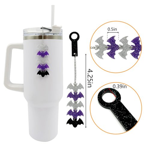 Purple Tumbler Ornament – Glitter Bat Cup Chain for Stanley 30oz 40oz, Gothic Straw Decoration, Cute Water Bottle Accessories for Iced Coffee Cups