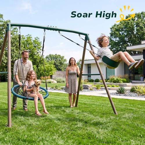 Hapfan 7.5ft Heavy Duty Metal Swing Set for Backyard - Green & Brown