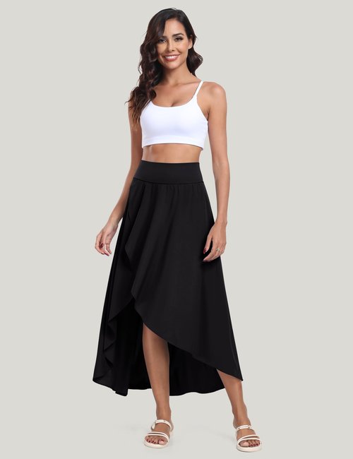 IUGA High Waist Maxi Skirt with Slit Ruffle Wrap Skirt Trendy Flowy Skirts for Women Long Skirts with Shorts Underneath Black