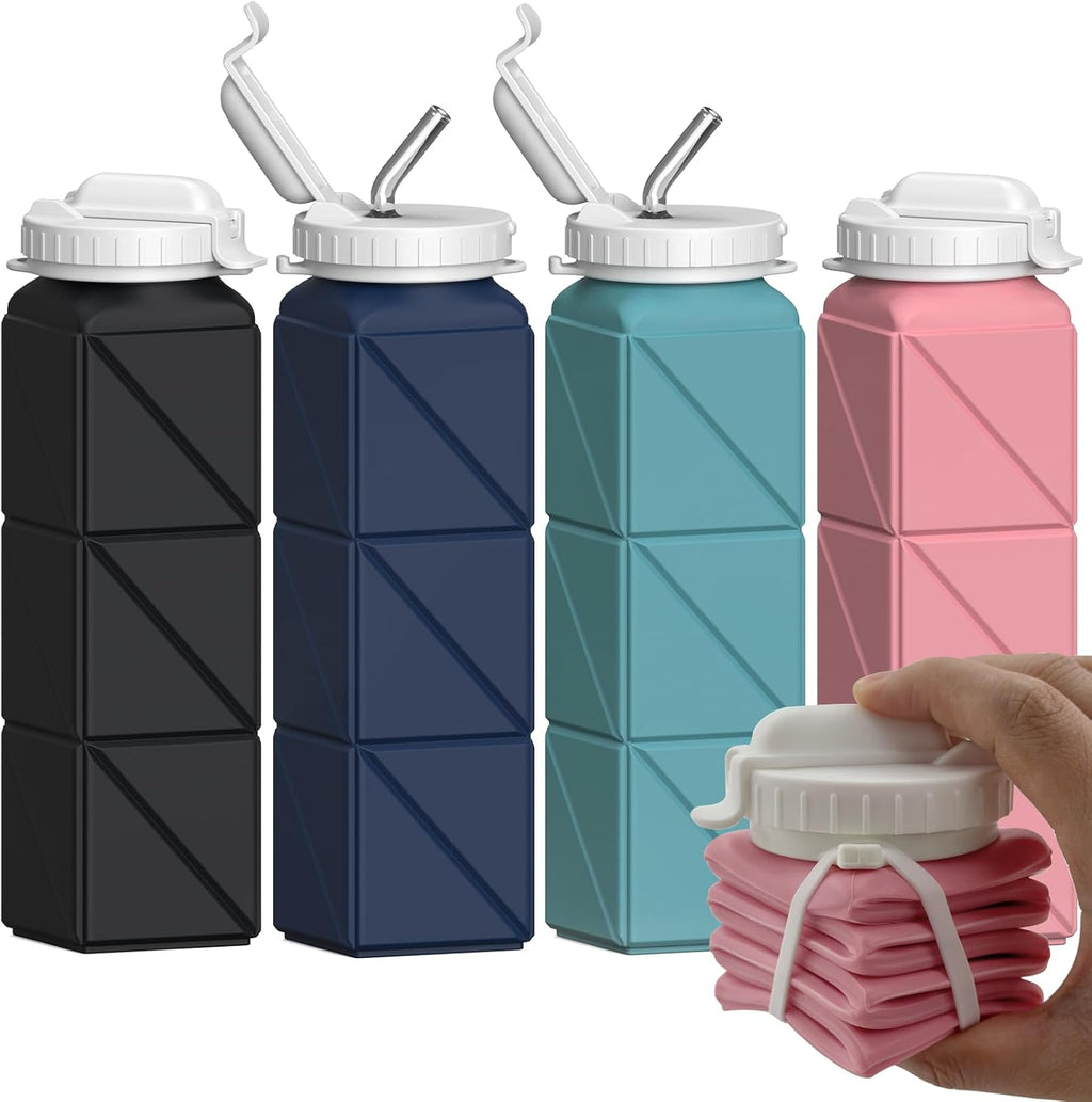 Skiennix Collapsible Water Bottles - 20.6oz Silicone, BPA-Free, Leakproof, Portable for Travel | 4 Pack (Black, Dark Blue, Blue, Pink)