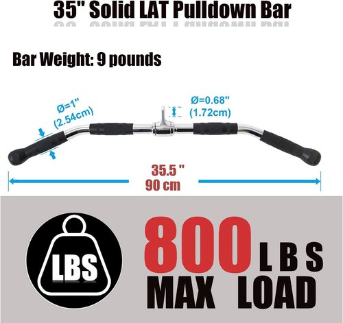 LAT Bar Cable Attachment - Deluxe Heavy Duty Curl Bar with Rubber Handgrips for Home Gym
