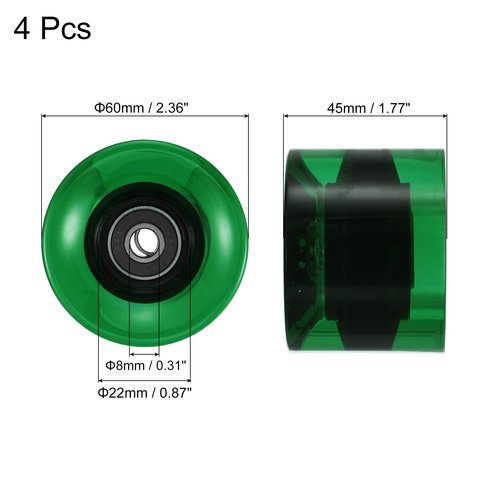 PATIKIL 60mm Longboard Wheels with Bearings ABEC-9, 4 Pack Street Wheels for Skateboards Cruiser Wheel Replacement 80A, Clear Green Black