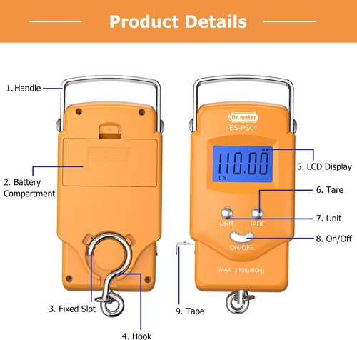 Dr.meter Fishing Scale - 110lb Digital Luggage Scale with Backlit LCD Display & Measuring Tape | Compact & Portable Gift for Men
