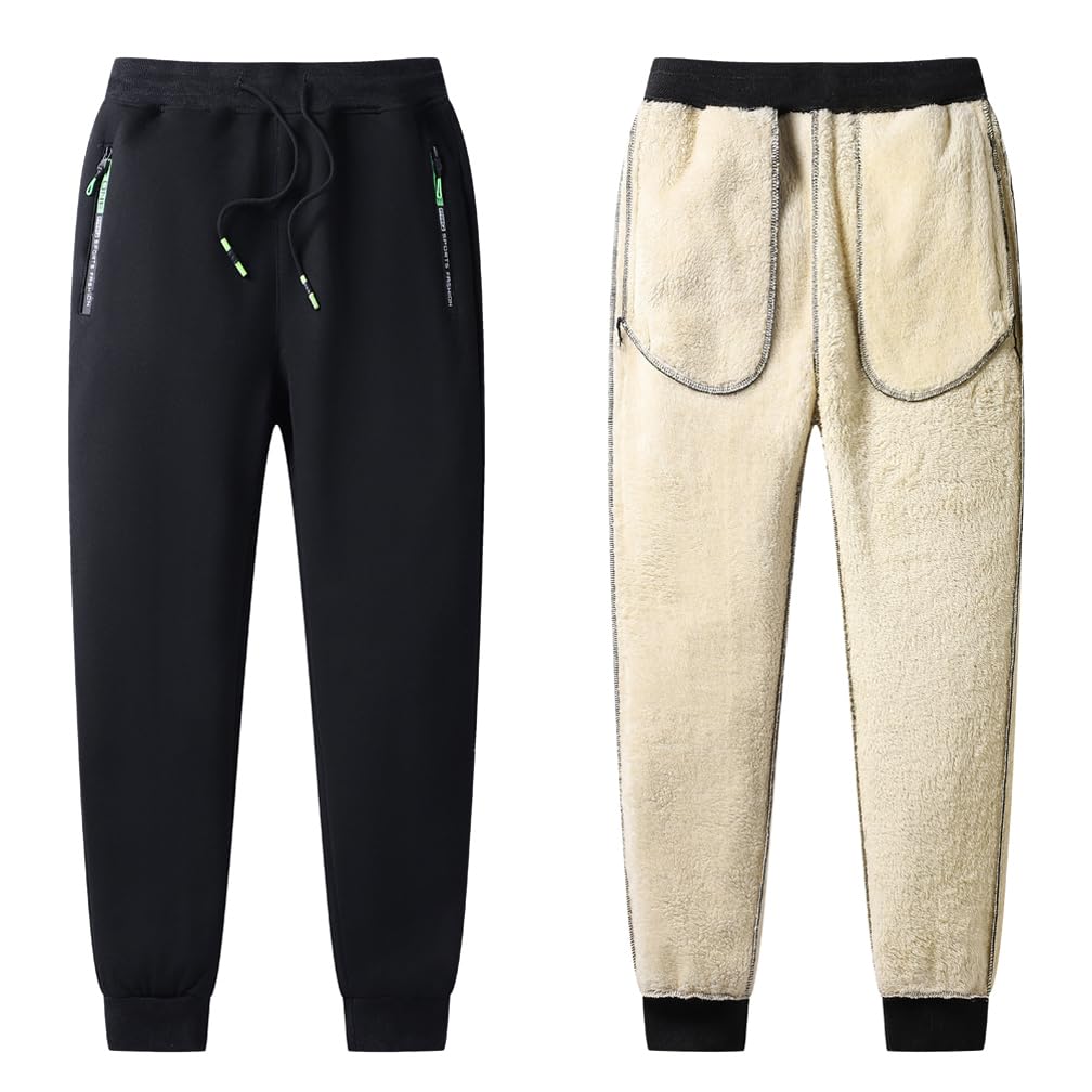 STICKON Fleece Sweatpants Men Winter Warm Sherpa Lined Joggers Track Sweat Pants with Zipper Pockets Black L