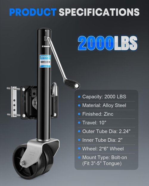 Kohree 2000 lbs Trailer Jack - Heavy Duty Dual Wheel Swivel for RV, Boat & Utility Trailers | 11" Lift, Black