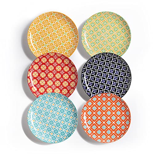 Ceramic Salad Plates Set of 6 - 8 Inch Colorful Dessert Plates, Vibrant Colors