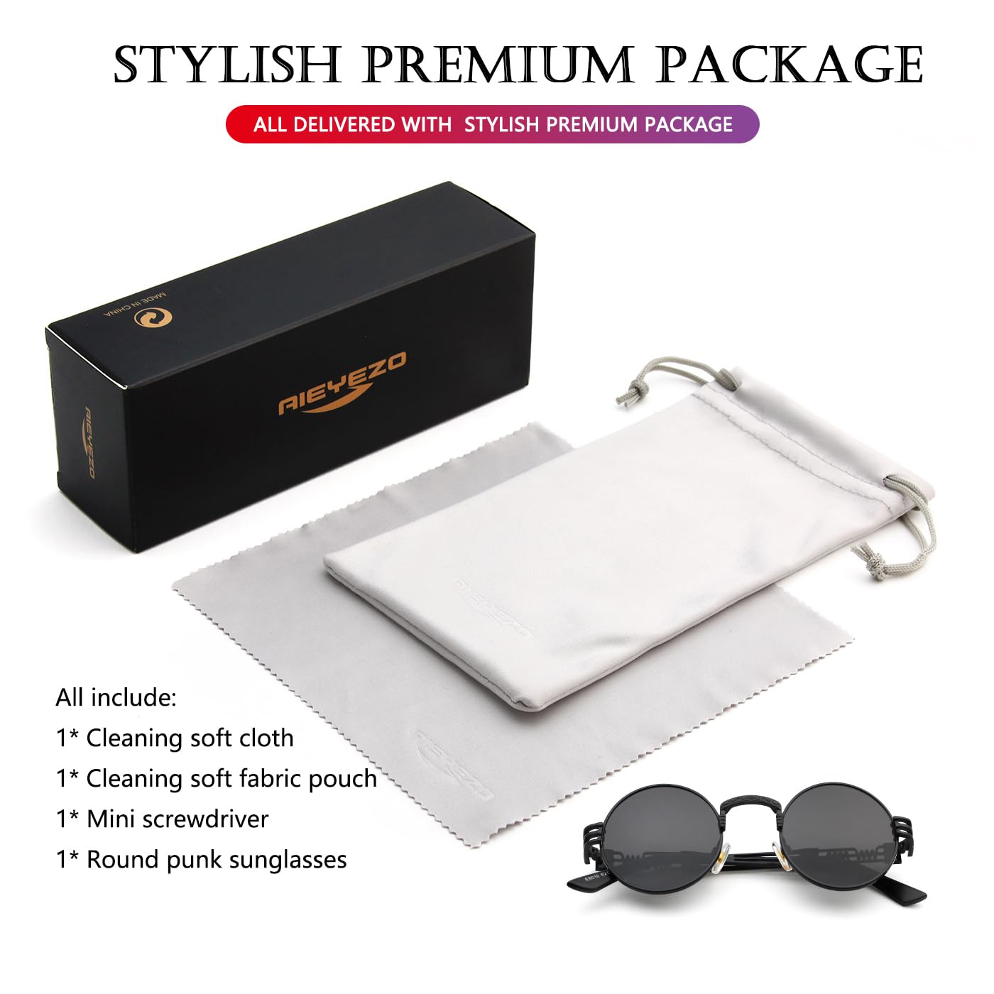 AIEYEZO Round Steampunk Sunglasses for Men Women Retro Circle Hippie Glasses Metal Frame 100% UV Blocking Lens (Black/Grey)