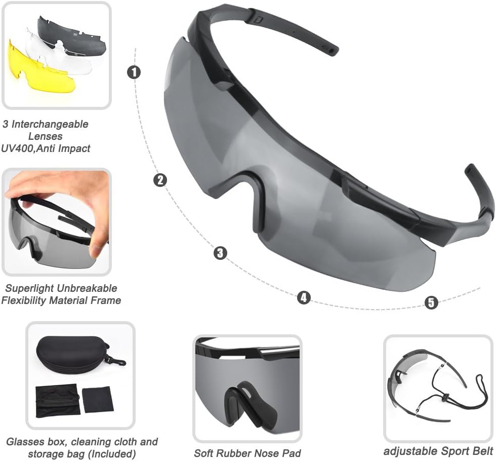 Xaegistac Tactical Eyewear - Unisex Shooting Glasses with 3 Interchangeable Lenses
