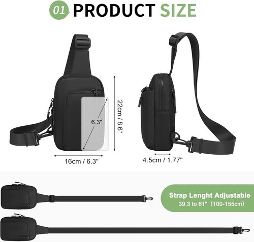 Mini Sling Bag for Men Women, Crossbody Fanny Packs Fits for 6.3" Phone, Reversible Nylon Chest Bag for Travel Running Hiking (Black)
