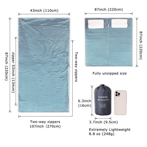 Exermil 100% Silk Sleep Sack with Zippers on 3 Sides, 87”x43” Large Sleeping Liners for Hotels, Travel & Camping, Multifunctional Travel Sheets (Unzipped:87”x87”) for Adults, Lightweight, All Seasons