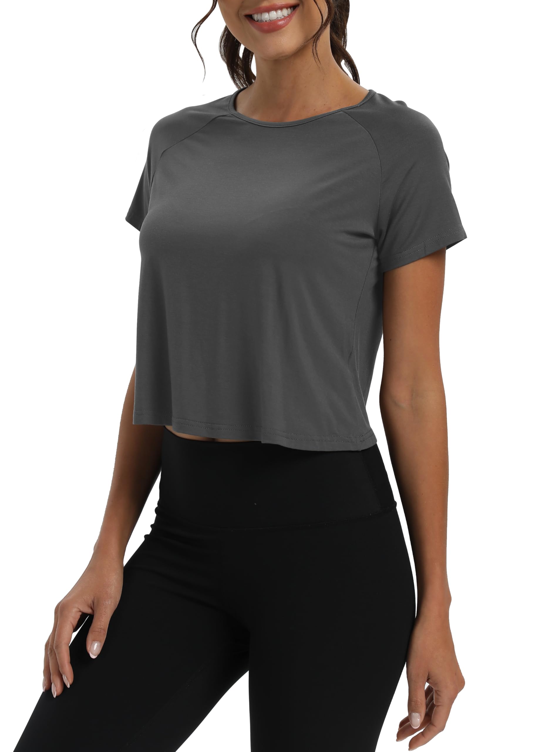 Mippo Short Sleeve Athletic Tops Workout Shirts Exercise Clothes Gym Crop Top Tshirts for Women Loose Fit Dark Gray M