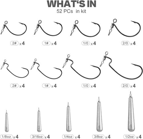 Drop Shot Rig Kit by [Brand Name] - 52-Pack with 8 Sizes of Swivel Hooks & 20 Weights for Bass Fishing