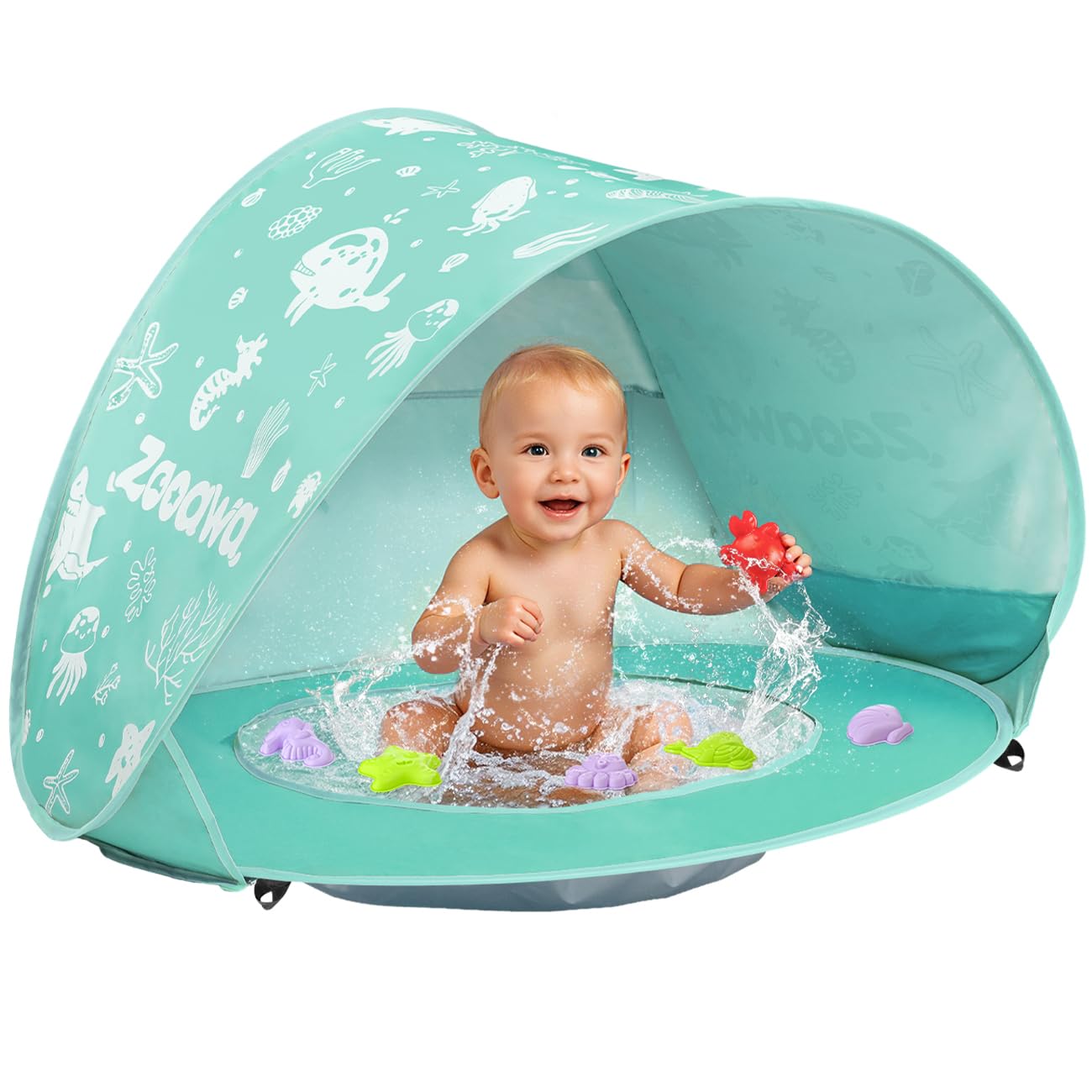 Zooawa Baby Beach Tent, Pop Up Beach Tent Sun Shade for Beach, Portable Shade Pool UV Protection Sun Shelter for Infant with Beach Sand Toys Set, Yellow