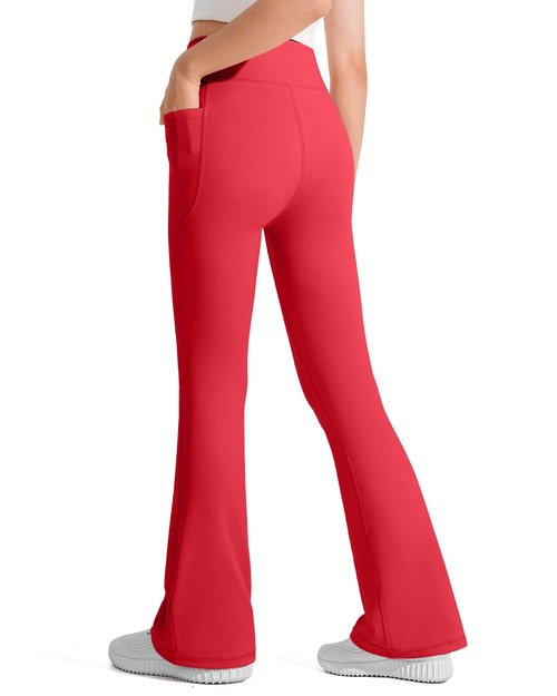 JOCMIC Girls Flare Leggings Kids Bell Bottom High Waisted Yoga Dance Flared Bootcut Pants Red 7-8 Years