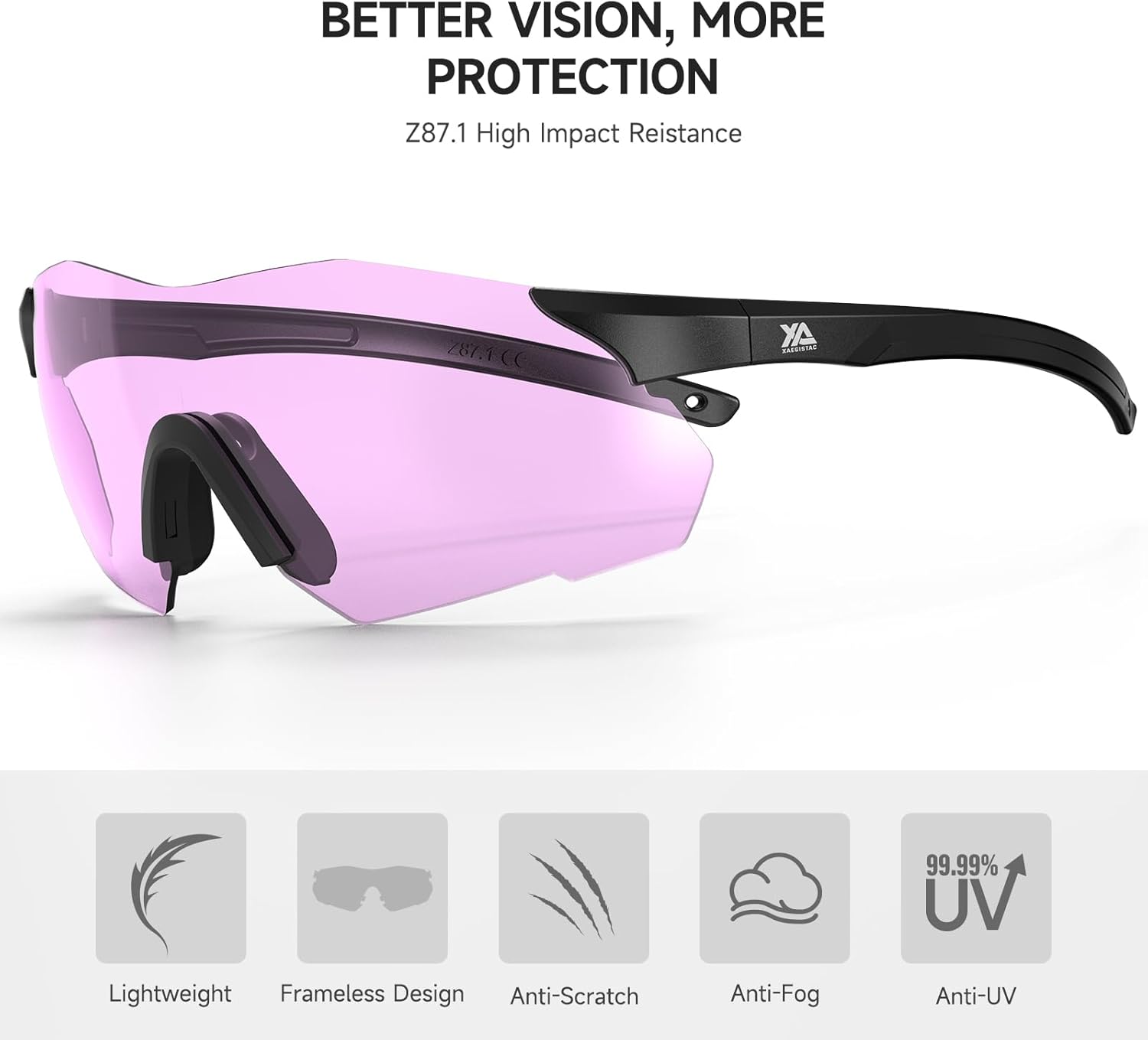 Xaegistac Safety Glasses - Anti-Fog Shooting Glasses with Wide Field of View & Soft Nose Pad for Outdoor Use