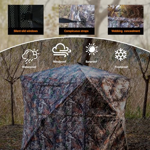 3-4 Person 360° See-Through Hunting Blind with Large Diamond-Shaped Door - Portable Ground Blind with Mud Flap