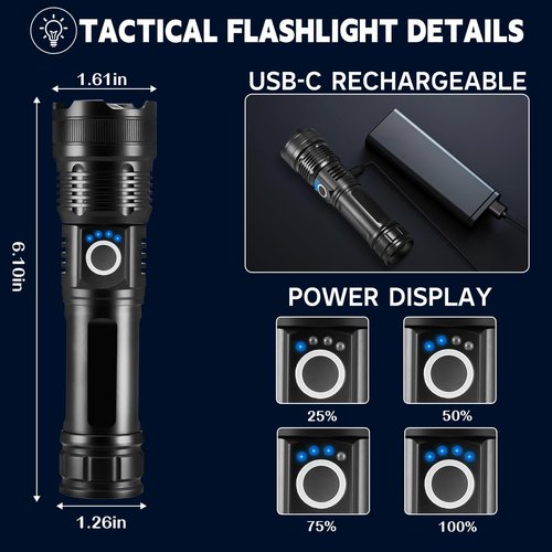 3Pack Rechargeable Flashlights High Lumens, 5Modes LED Flashlight Rechargeable, Super Bright Flashlight High Powered, Adjustable Tactical Flashlight, Powerful Flash Light for Home Emergencies