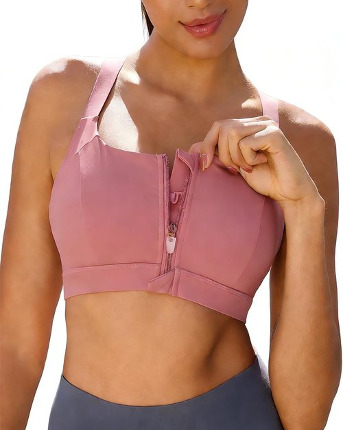 FLORATA Women's Zip Front Sports Bra - Seamless Wirefree Design with Removable Cups | Ideal for Yoga & Post-Surgery