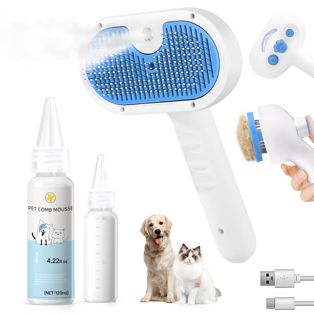 Skiennix Pet Steam Brush - 3-in-1 Grooming Tool for Shedding & Hair Removal - Self-Cleaning Mist Comb with Waterless Shampoo, Blue