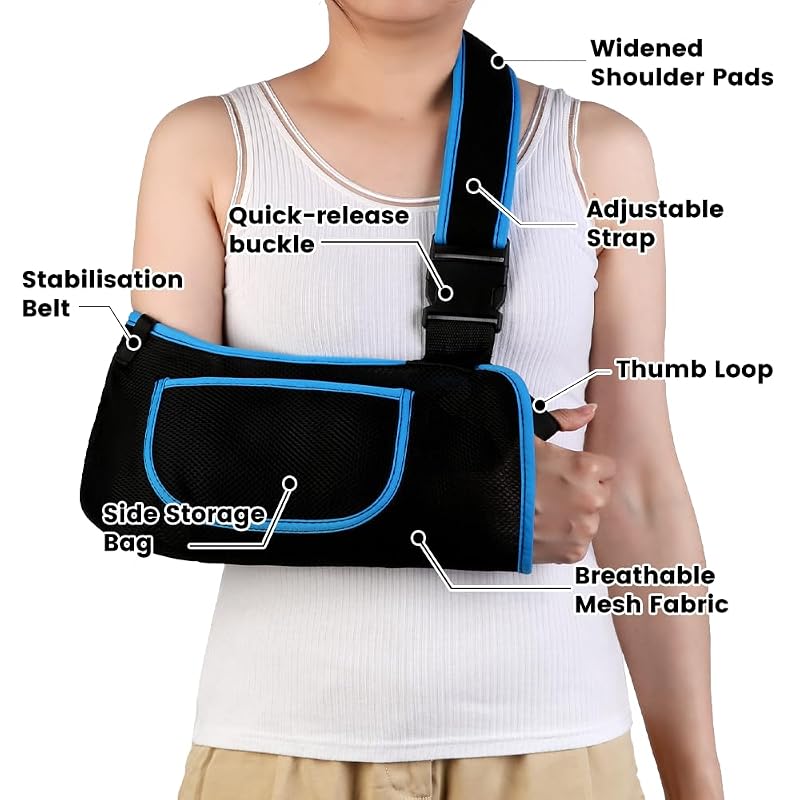 Arm Sling - Lightweight Breathable Mesh Immobilizer with Padded Shoulder Strap - Blue, M (Middle)