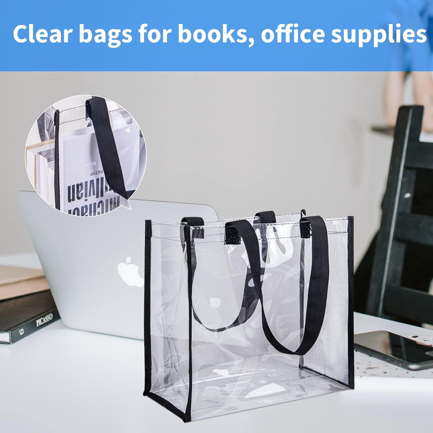 Skiennix Clear Tote Bags - Durable PVC with Handles for Work, Beach, Lunch | 12 x 12 x 6 Inch