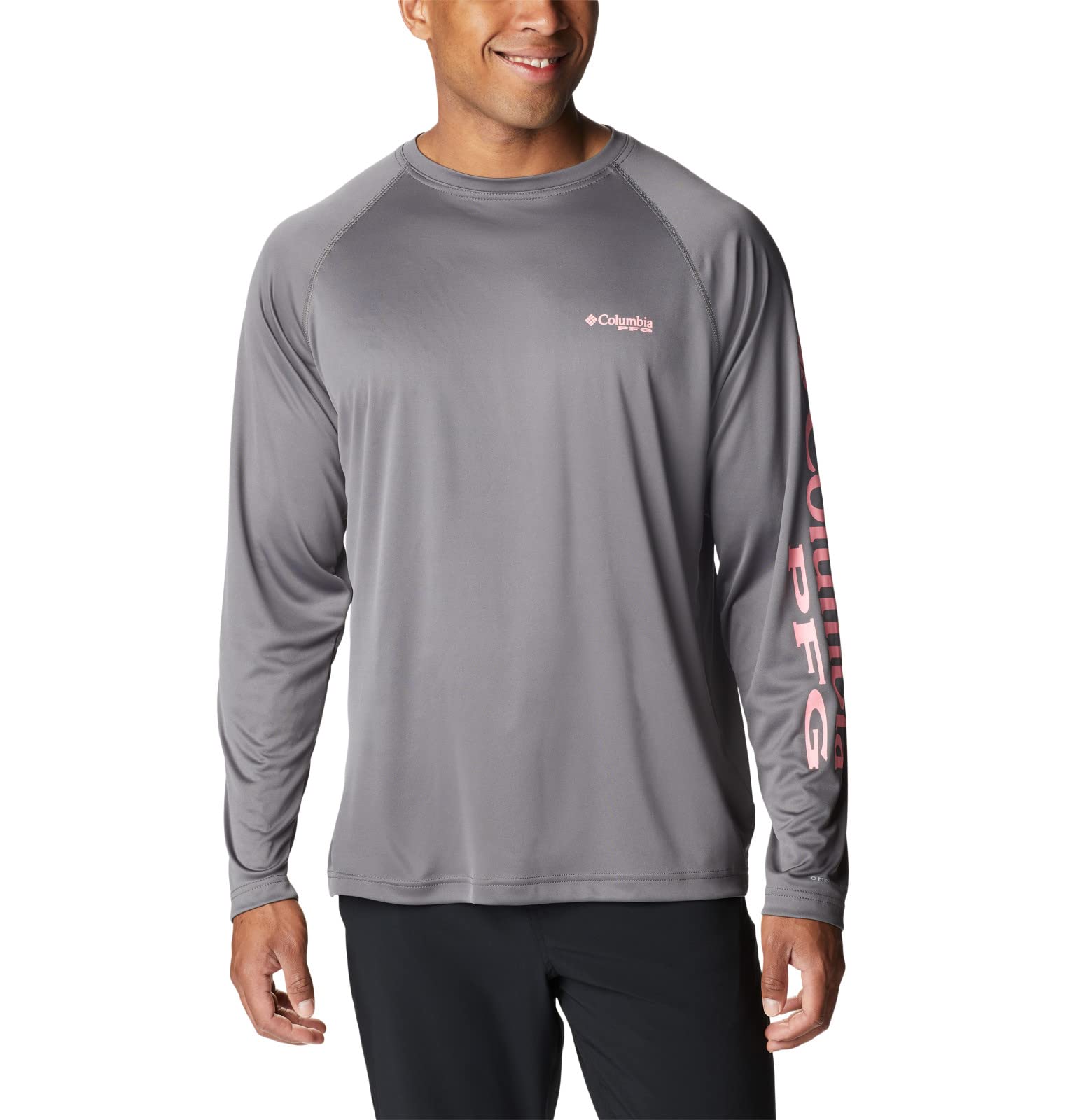 Columbia Men's Terminal Tackle Long Sleeve Fishing Shirt, City Grey/Pink Pop Logo, Large