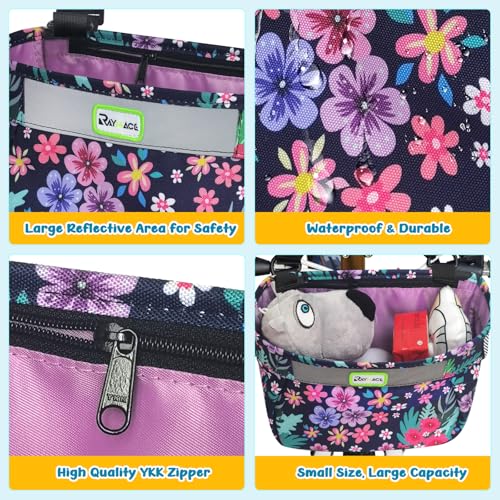 Kids Bike Basket Front Waterproof Handlebar Bag for Girls and Boys - Purple Flower Variation