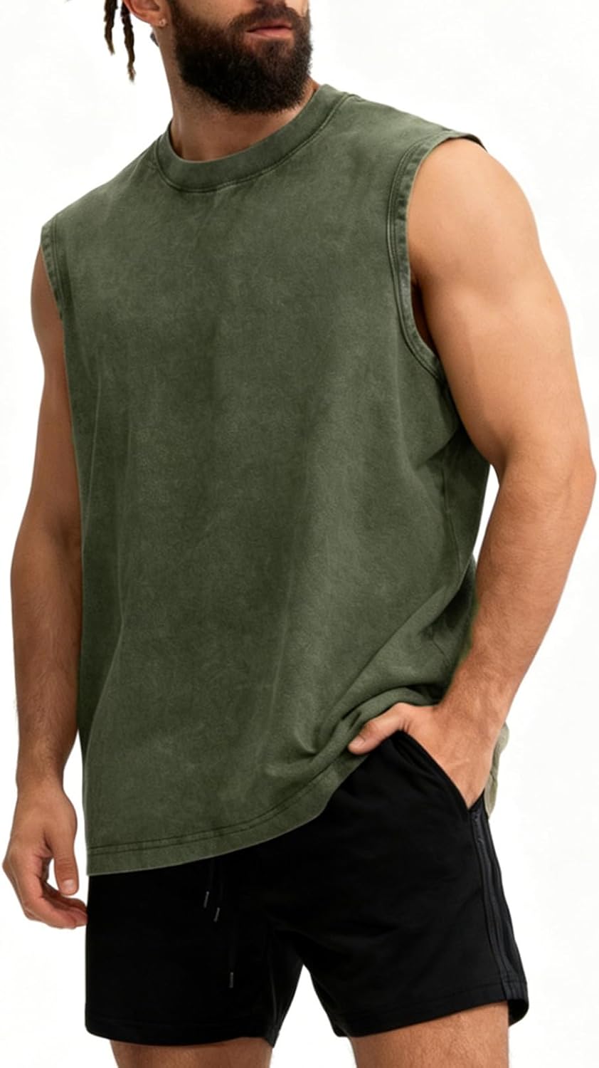 Skiennix Men's Workout Tank Tops - Sleeveless Cotton Muscle Shirts for Gym | Acid Wash, Loose Fit