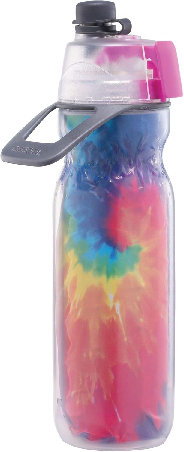 O2COOL Misting Water Bottle - 2-in-1 Mist & Sip Function, No Leak Pull Top Spout - 20 oz Tie Dye/Celestial Purple