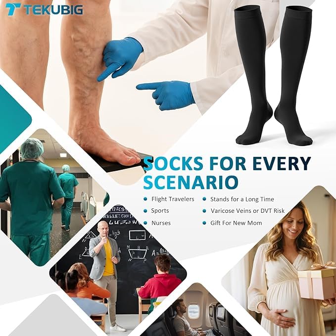Black XXL Compression Socks Knee High 20-30 mmHg Support Stockings for Women Men