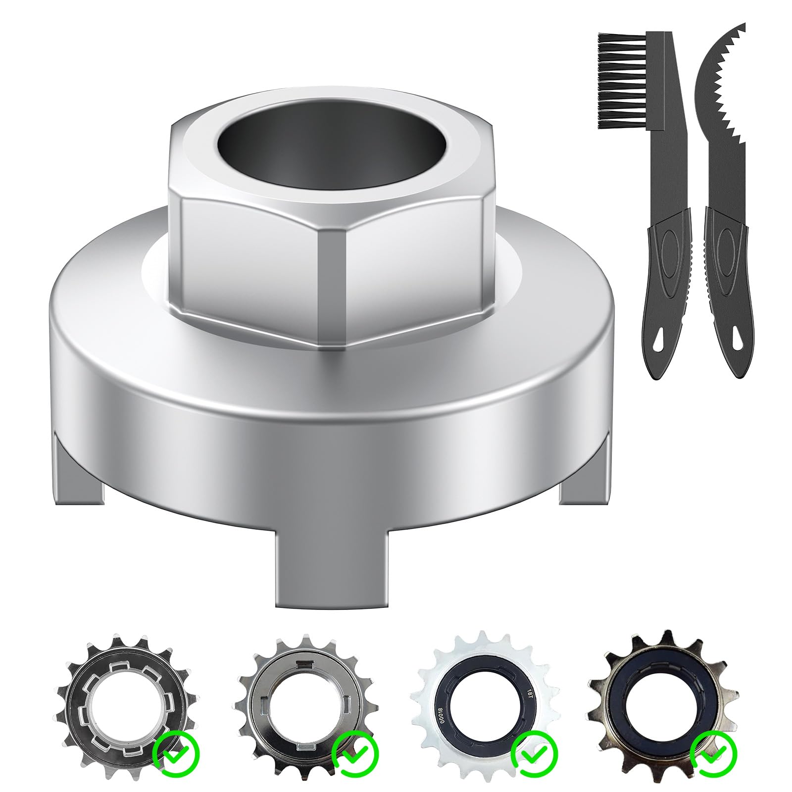 Pawfly Bike Single Speed Freewheel Removal Tool with Sprocket & Chain Cleaning Brushes, 4 Notch Sprocket Puller Tool, BMX Bicycle Freewheel Remover, One-Speed Freewheel Disassembly Tool, Silver