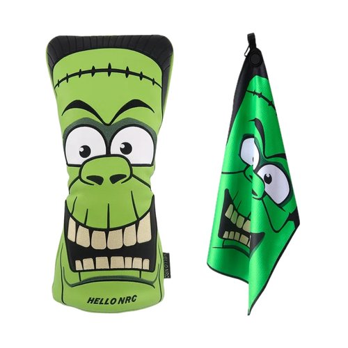 HELLO NRC Golf Club Head Covers with Golf Cleaning Towel, Funny Driver Headcover for Fairway Woods, Waterproof Frankenstein Print, 460cc Premium PU Leather, 15.75 x 23.62 Microfiber Magnetic Towel