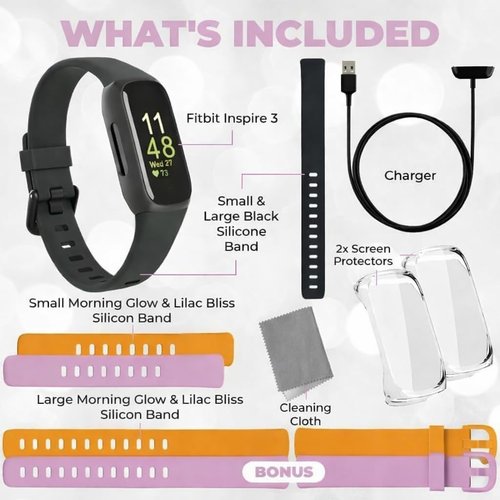 Fitbit Inspire 3 Health & Fitness Tracker Bundle - Stress Management, Sleep Tracking & 2 Silicone Bands