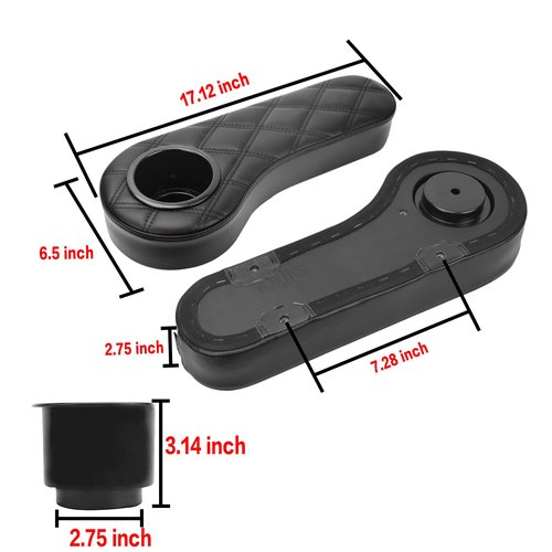 NOKINS Golf Cart Diamond Armrest with Cup Holder, No Drilling, for Round Bracket Armrest 1 1/4 Size, Fits Advanced EV Golf Cart Rear Seat Circular Frame Side Rod 1 1/4" (Black Stitching)