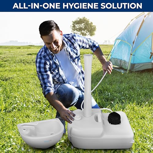SereneLife 5 Gal Portable Hand Washing Station with Hands-Free Foot Pump, Soap Dispenser & Drain Hose