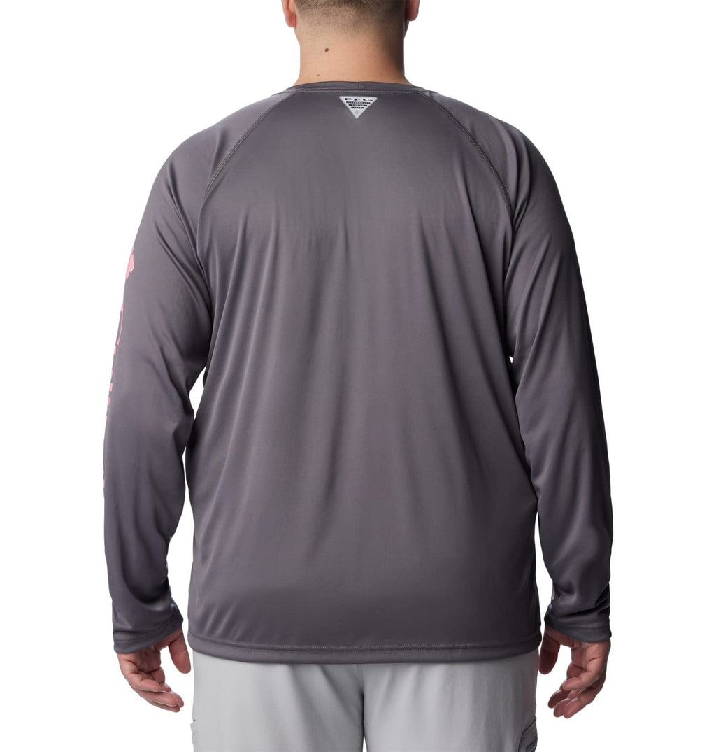 Columbia Men's Terminal Tackle Long Sleeve Fishing Shirt, City Grey/Pink Pop Logo, Large