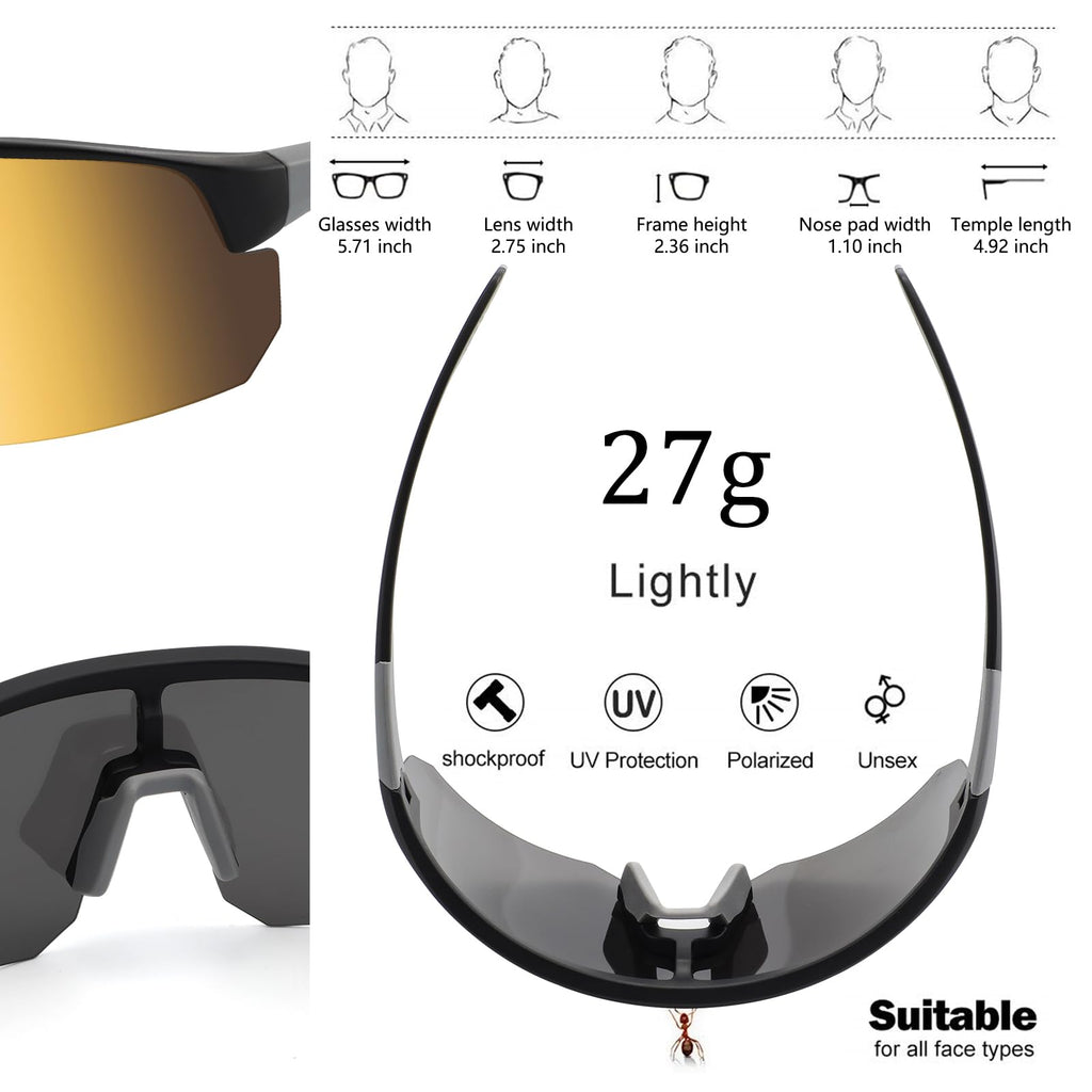 BangLong Lightweight Polarized Sports Sunglasses for Men Women, UV400 Protection Wrap-Around Sunglasses for Running Cycling Baseball Fishing, Gold