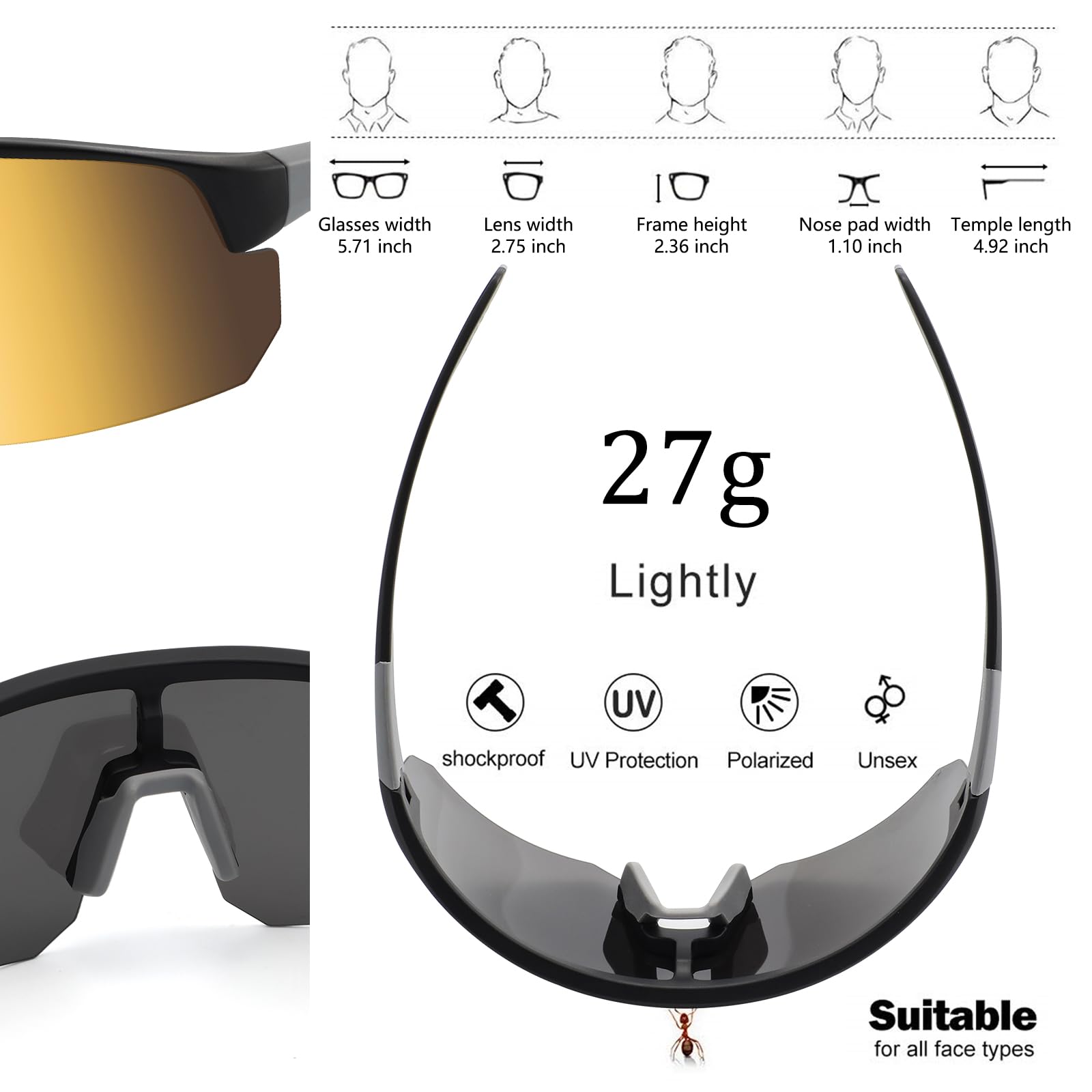 BangLong Lightweight Polarized Sports Sunglasses for Men Women, UV400 Protection Wrap-Around Sunglasses for Running Cycling Baseball Fishing, Gold
