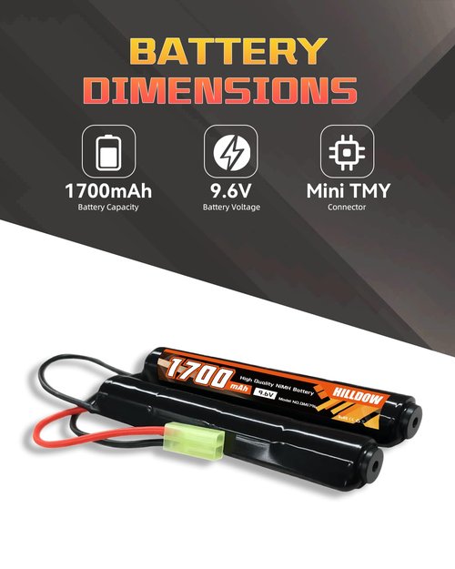 Hilldow 9.6V NiMH Airsoft Battery 1700mAh Rechargeable Battery with Mini TMY Plug RC Battery for Airsoft Guns(2 Pack)