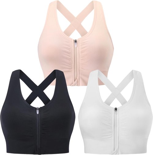 Evercute Wireless Sports Bra - Zip Front Design for Post-Surgery Comfort | Medium Support, Padded, Strappy