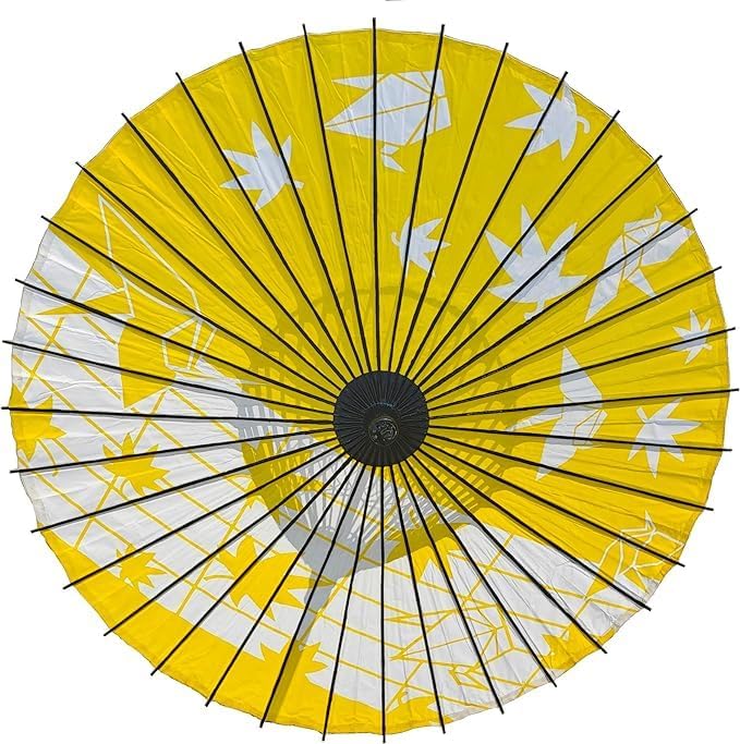 山本竹細工屋 （YAMAMOTOTAKIZAYIKUYA) Japanese Style Folding Umbrella with Handle for Dancing or Photography Yellow Folded Crane