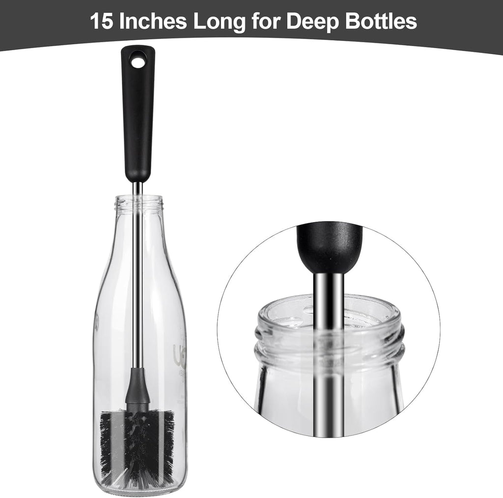 Skiennix Water Bottle Brush - 15-Inch Stainless Steel Handle for Easy Cleaning | Ideal for Cups, Tumblers, and Decanters - Black