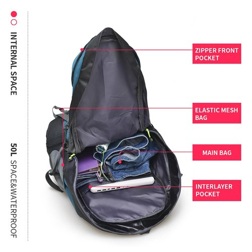 Bseash 50L Hiking Backpack, Water Resistant Lightweight Outdoor Sport Daypack Travel Bag for Camping Climbing Skiing Cycling (Blue Green - With Shoe Compartment)