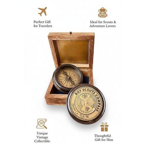 Smizzy Brass Engraved Nautical Scout Compass Gift Boys - Engraved Scout Oath Compass in Wood Box Scout Always Prepared Camping Orienteering, Hiking Backpacking Gift