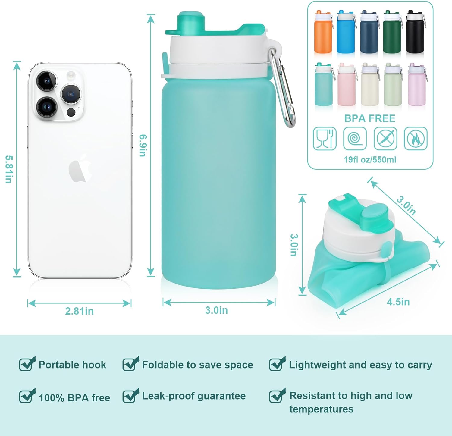 PLTCAT Collapsible Silicone Water Bottle - BPA Free, Lightweight & Leak-Proof for Travel, Gym, Hiking