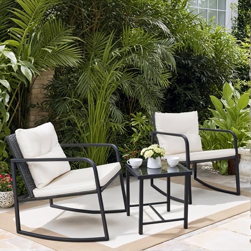 Greesum 3-Piece Beige Rocking Wicker Bistro Set for Patio Outdoor Furniture